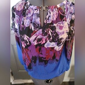 Jennifer Lopez Floral V-Neck Blouse - Purple and Blue
